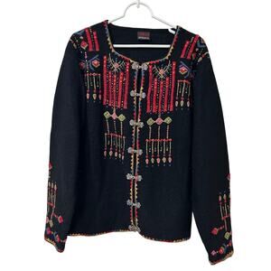 Vrikke Womens Size Large Black Norwegian Wool Cardigan Sweater Embroidered Clasp